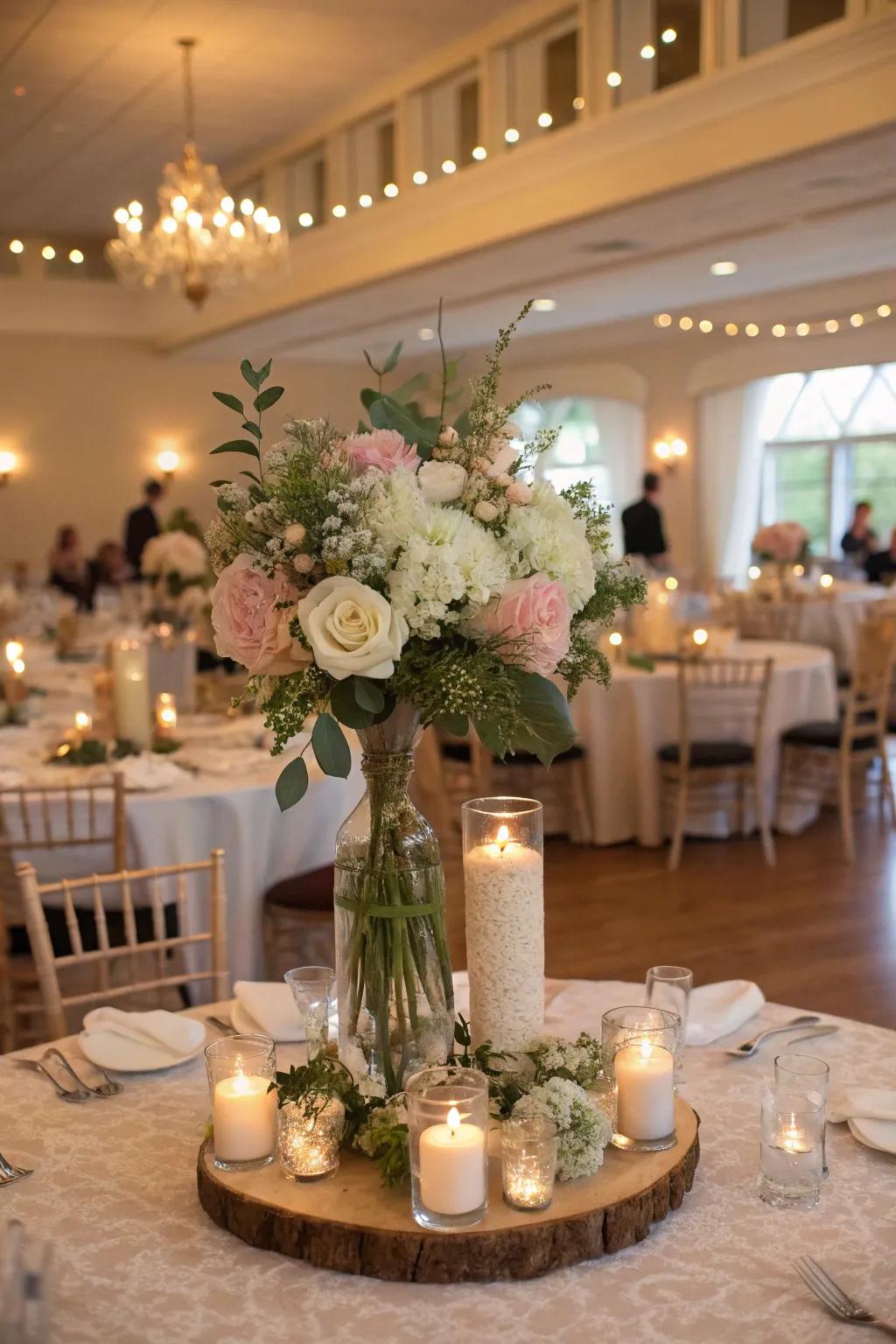 Bridesmaid bouquets smartly repurposed as table centerpieces.