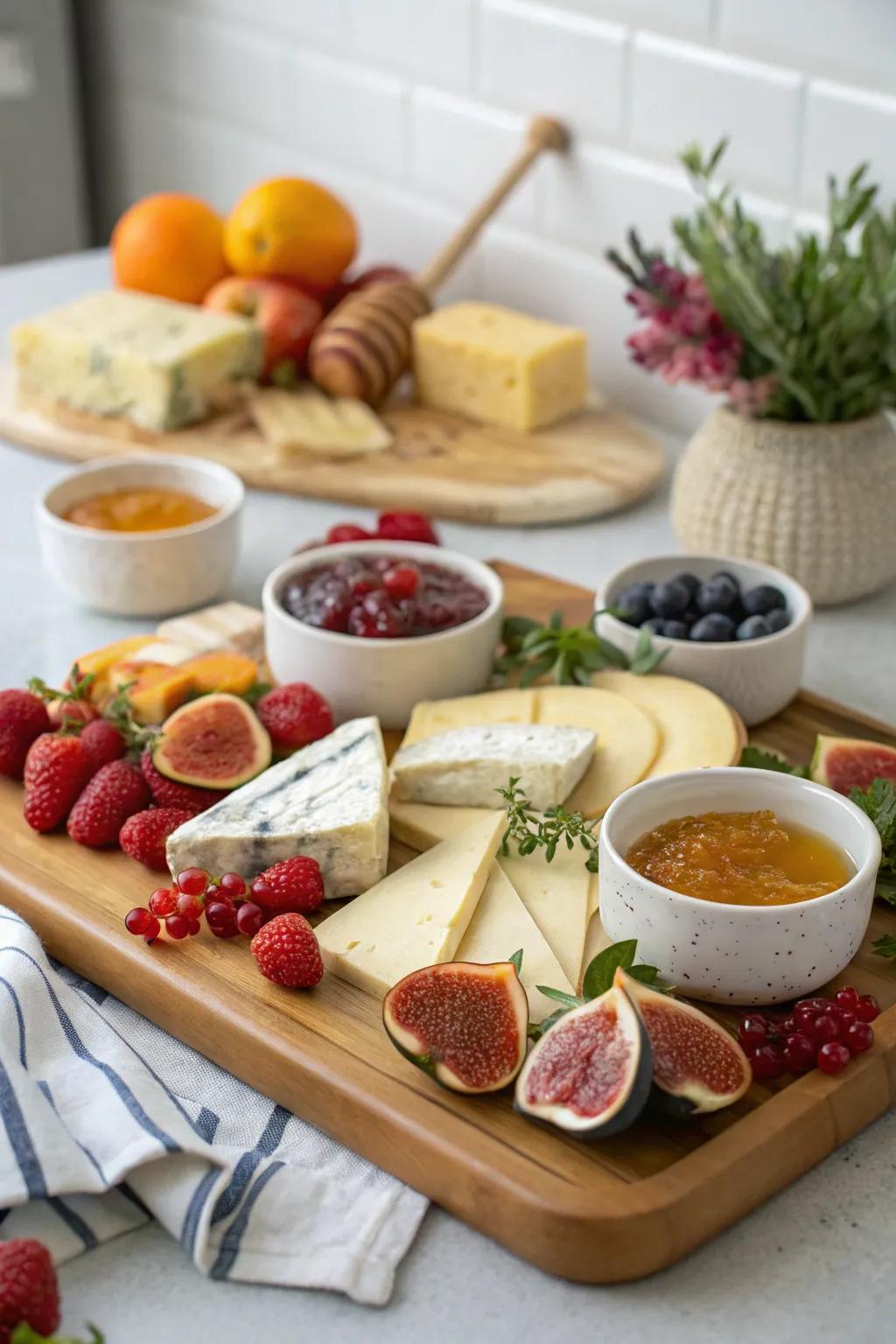 Cheese board with dips and spreads for extra flavor.