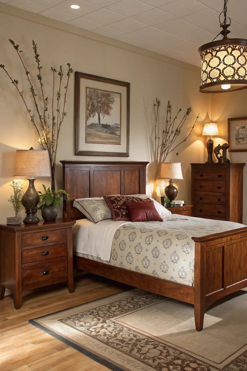Decorative details complementing cherry wood furniture in a bedroom.