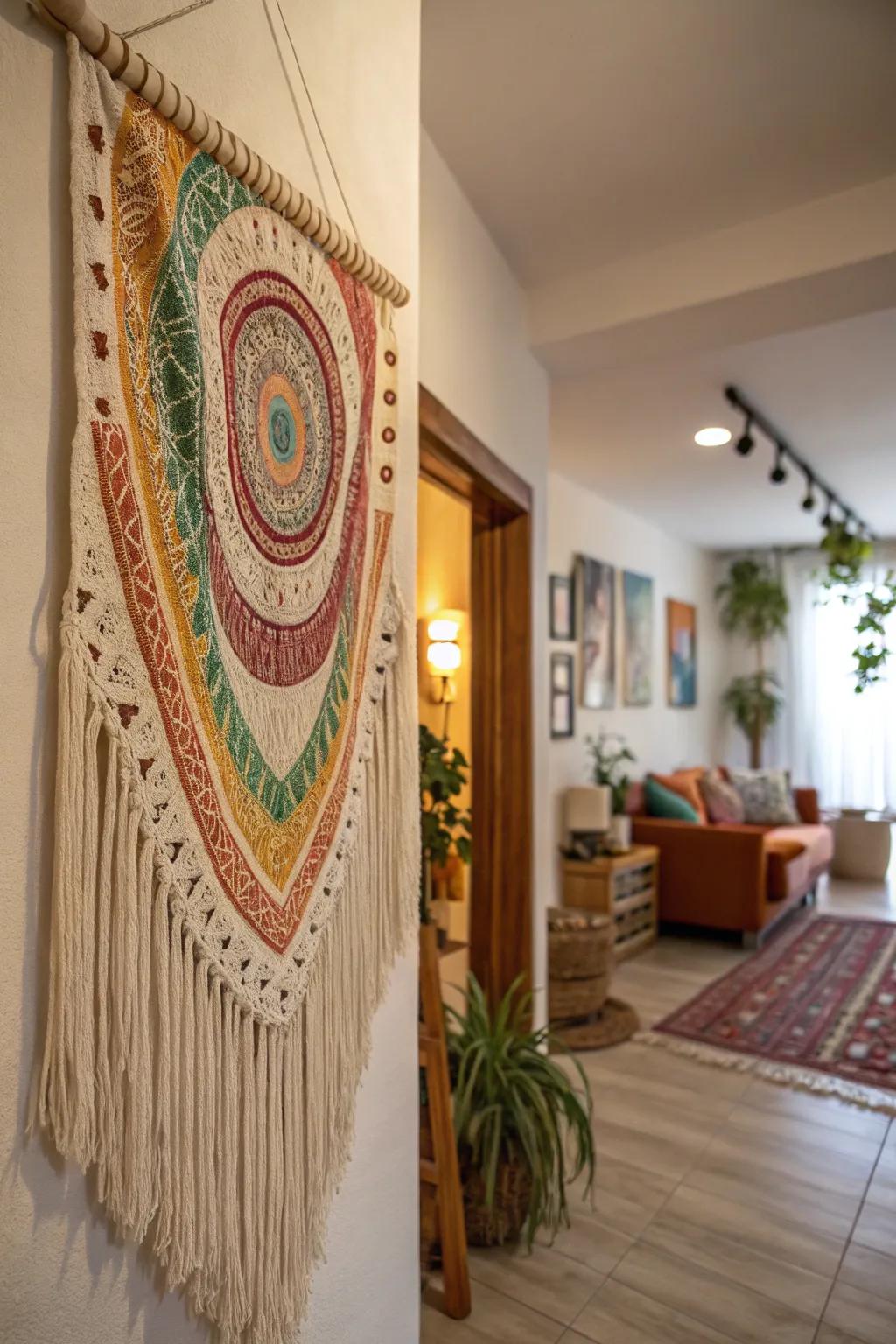 A bohemian wall hanging introducing color and texture to the room.