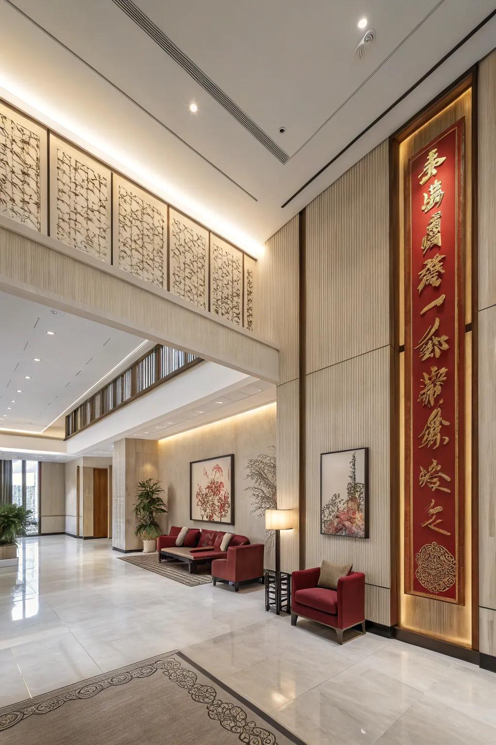 A minimalist lobby design combining modern and traditional Asian elements.