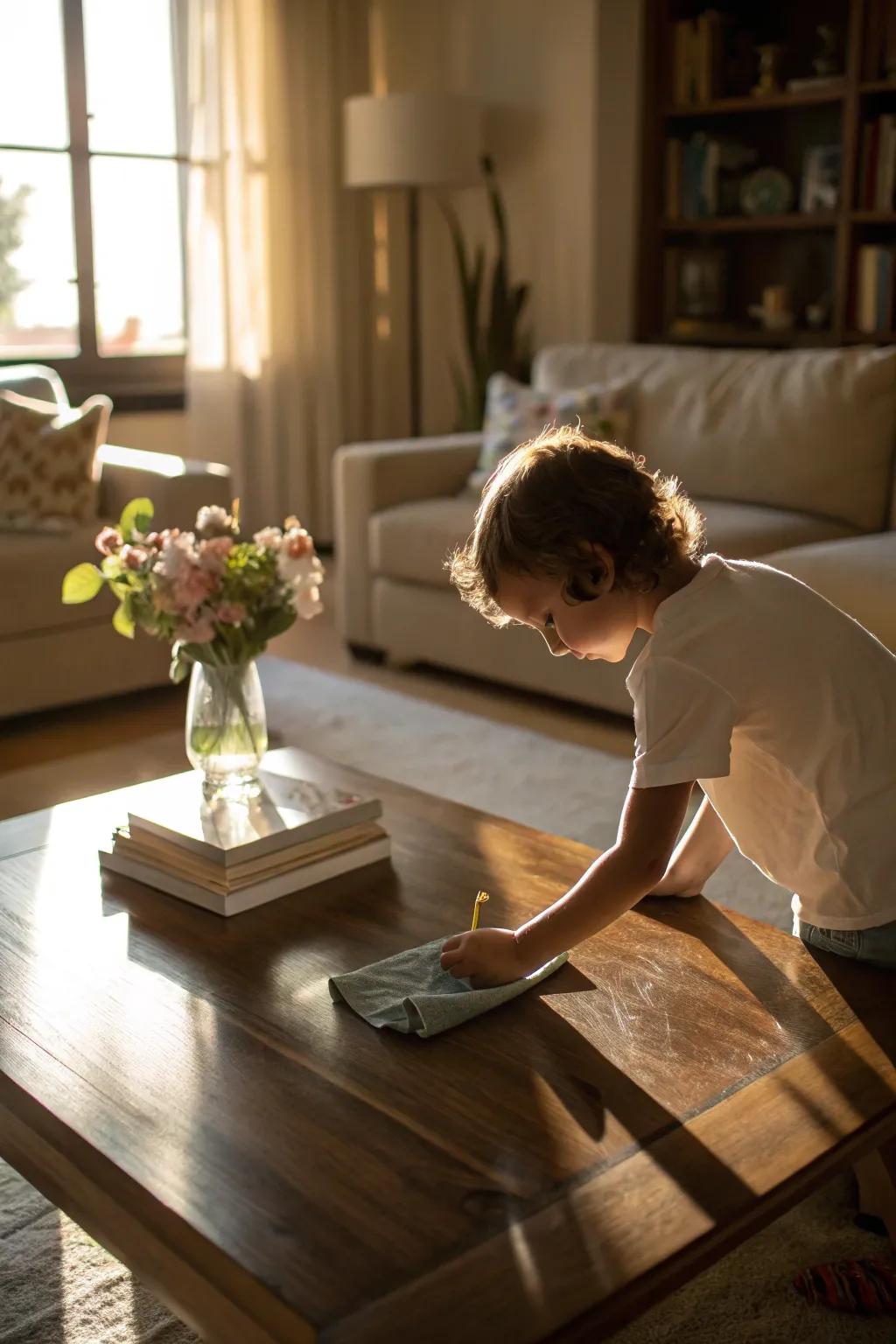 A child polishes furniture, helping with household tasks.