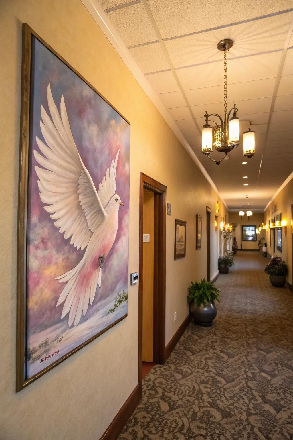 Artwork featuring a dove introduces a peaceful vibe to any entrance.