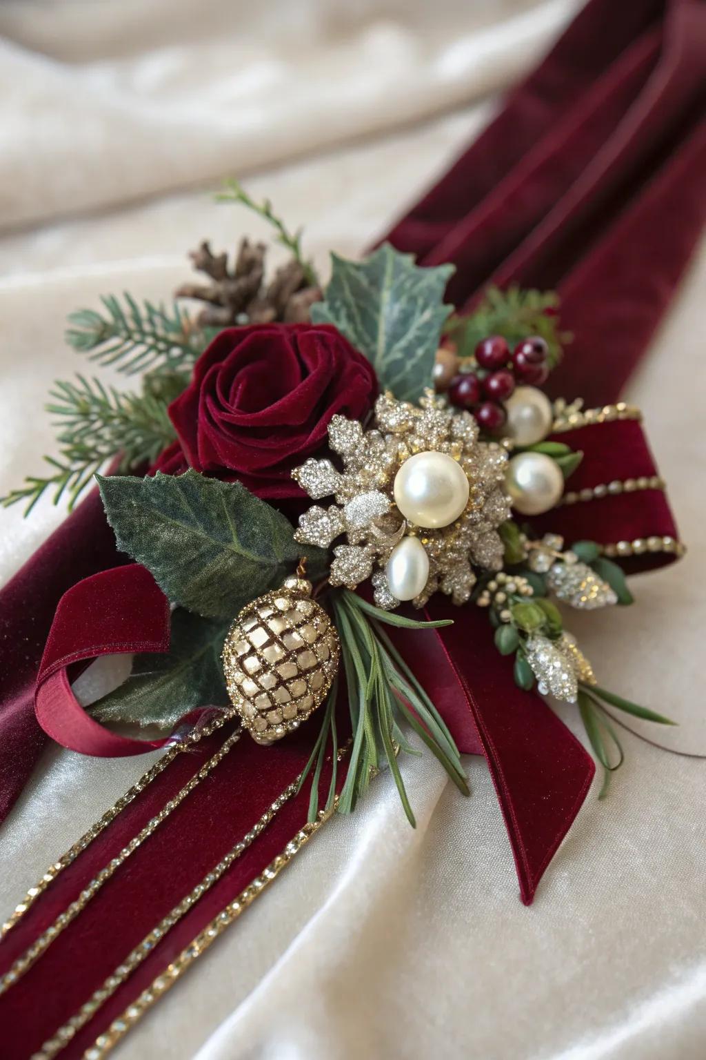 A vintage-inspired Christmas corsage featuring plush textiles.