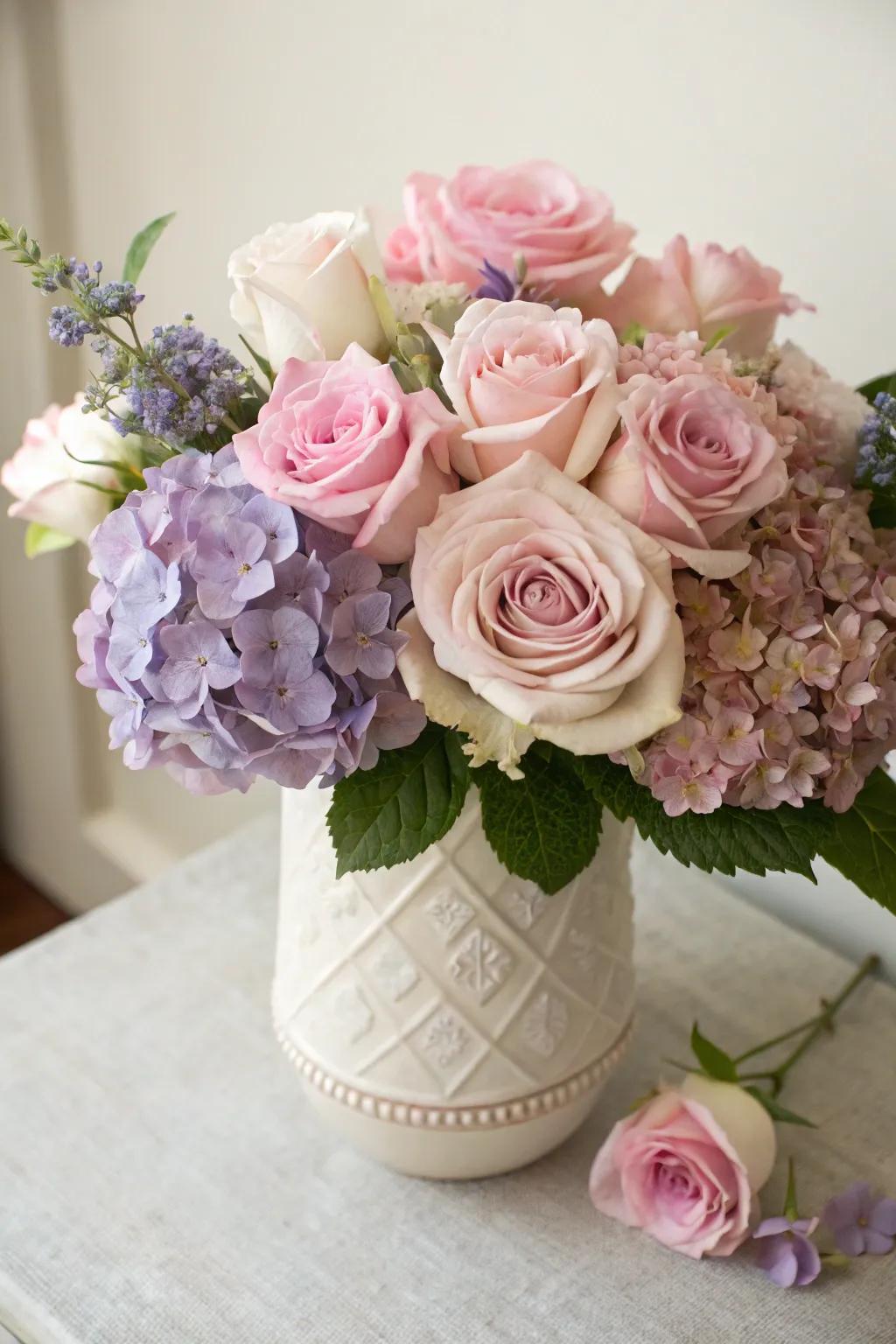 'Soft-toned flowers' bring a delicate allure to the holiday decor.