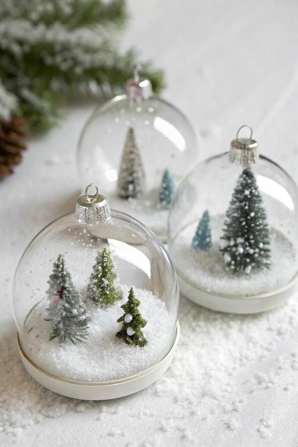 Mini snow globe ornaments featuring snow and trees.