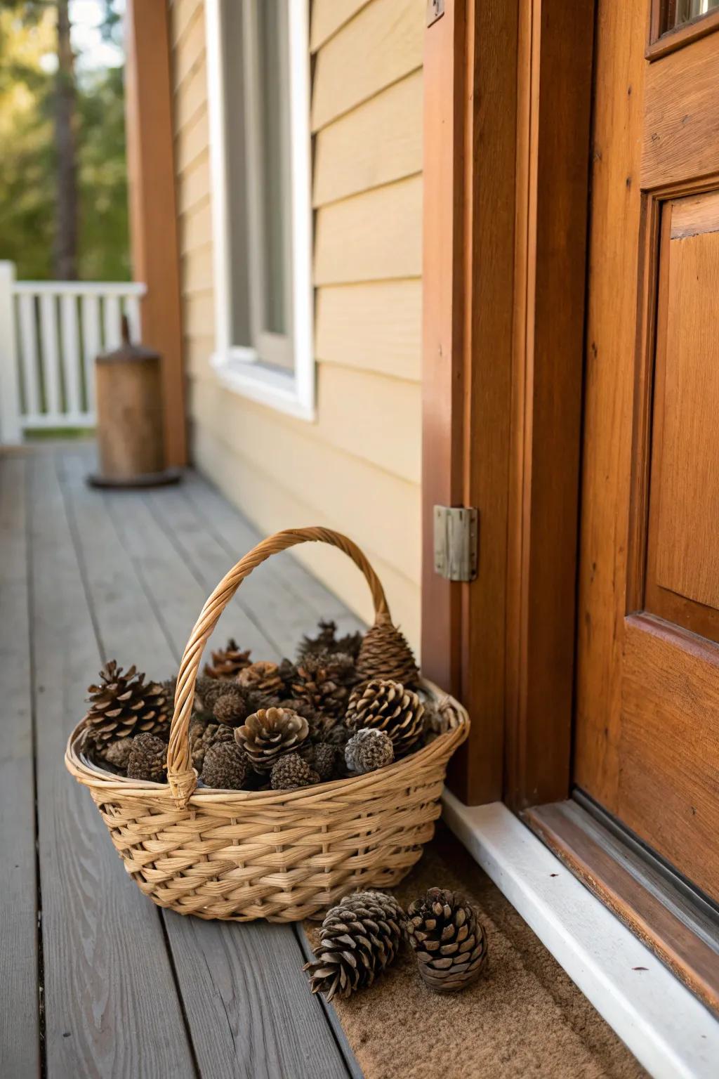A country-style container of cones adds all-natural charm to the porch.