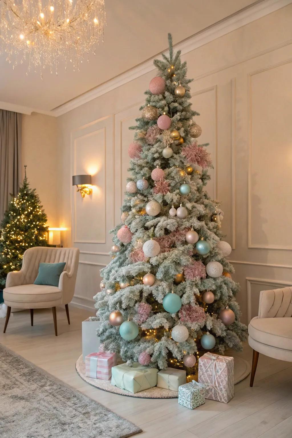 Pastel shades fashion a delicate and refined Christmas tree theme.