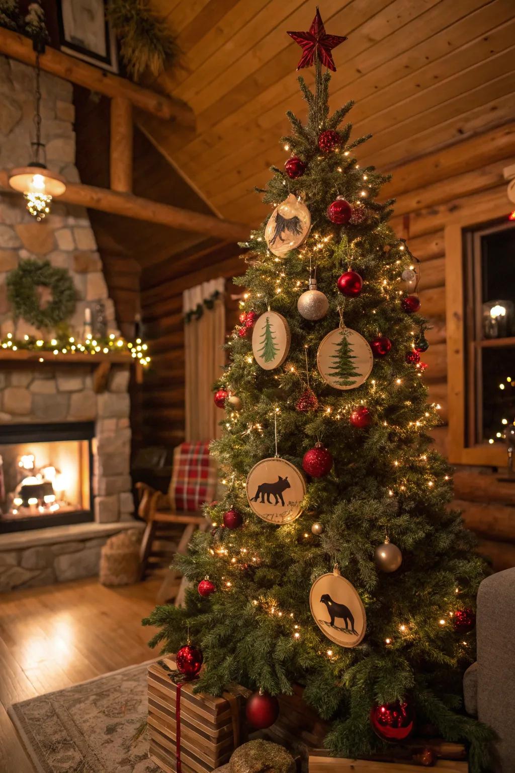 A countryside Christmas tree adorned with timberland-themed decors and vibrant lights, ideal for a snug celebration atmosphere.