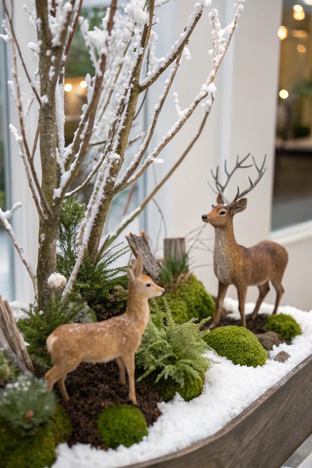 A serene winter fauna refuge showcasing deer and snowy branches.