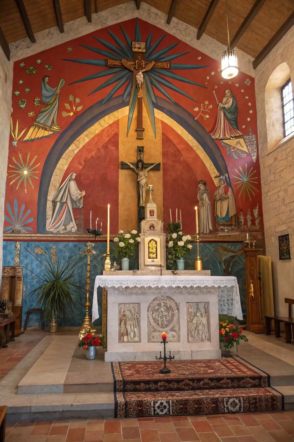 A place of worship featuring a vibrant wall painting illustrating scenes of optimism and renewal.