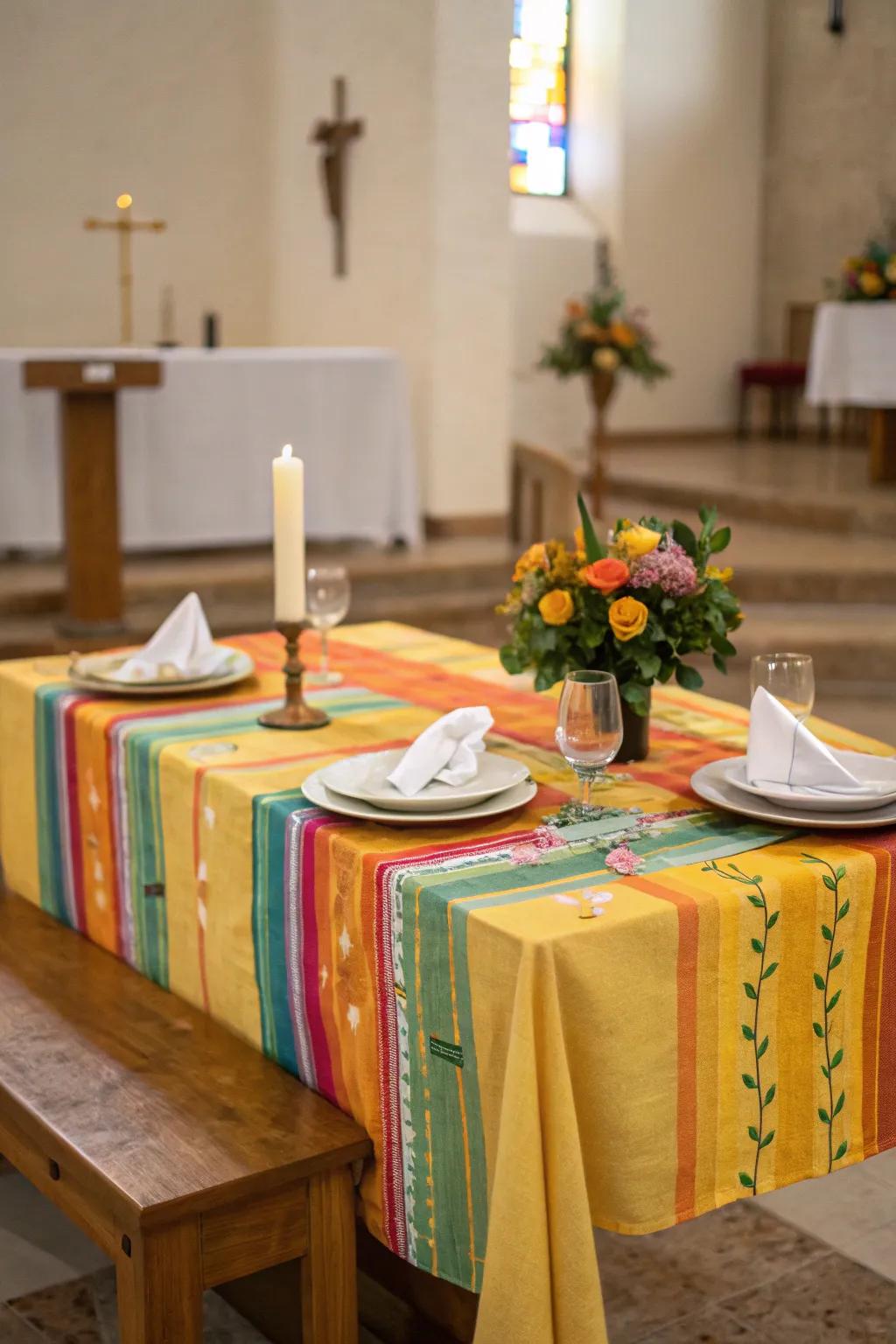 Bright linens can brighten any church table setting.