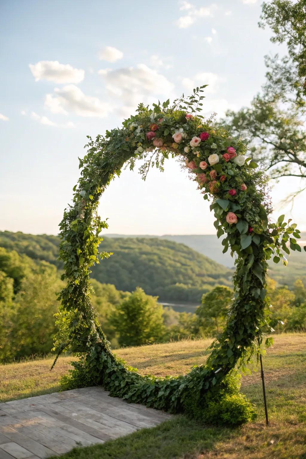 A circle arch brimming with greenery, perfect for nature enthusiasts.
