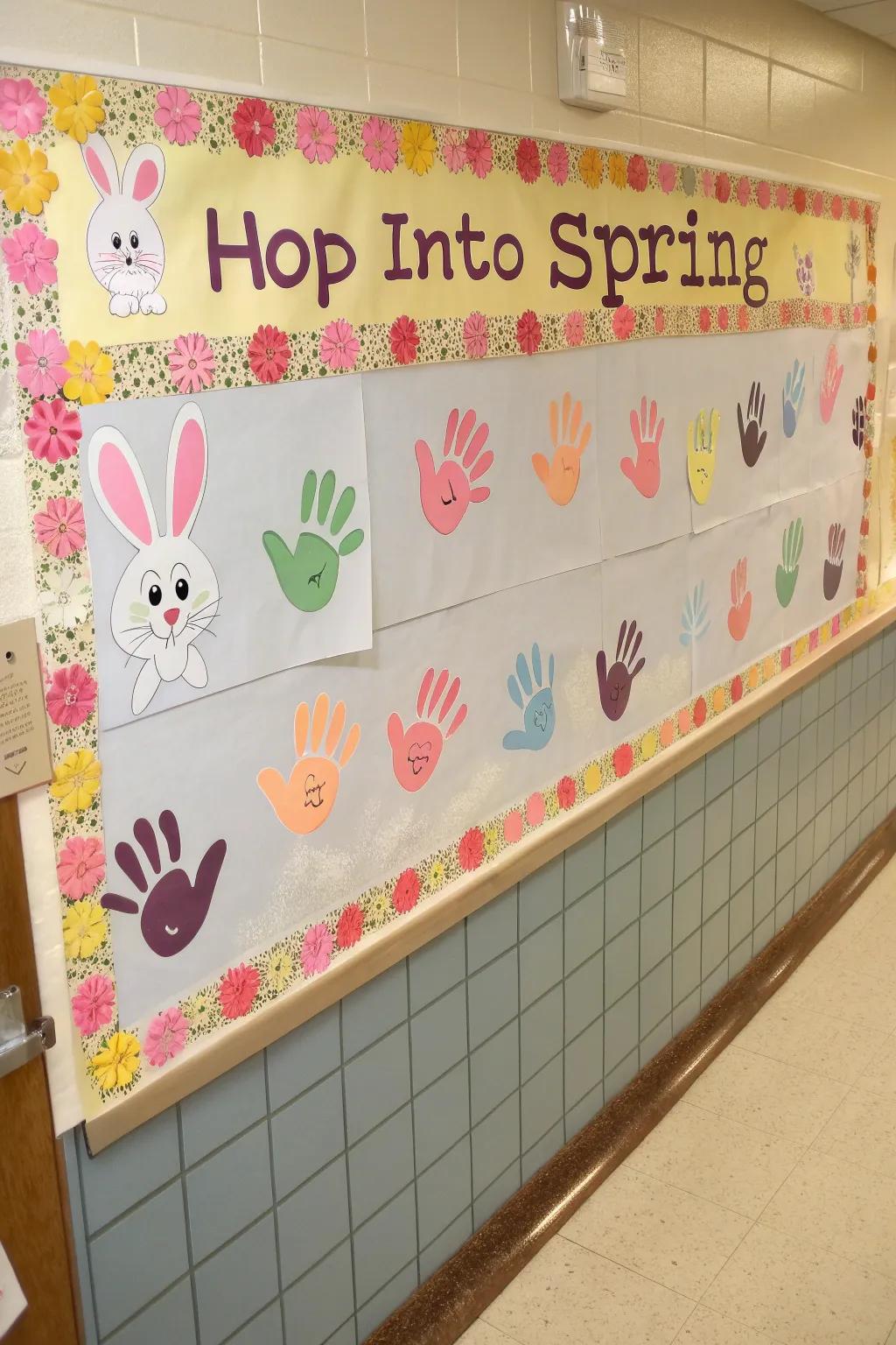 A fun bulletin board with hand outline bunnies that are celebrating spring.