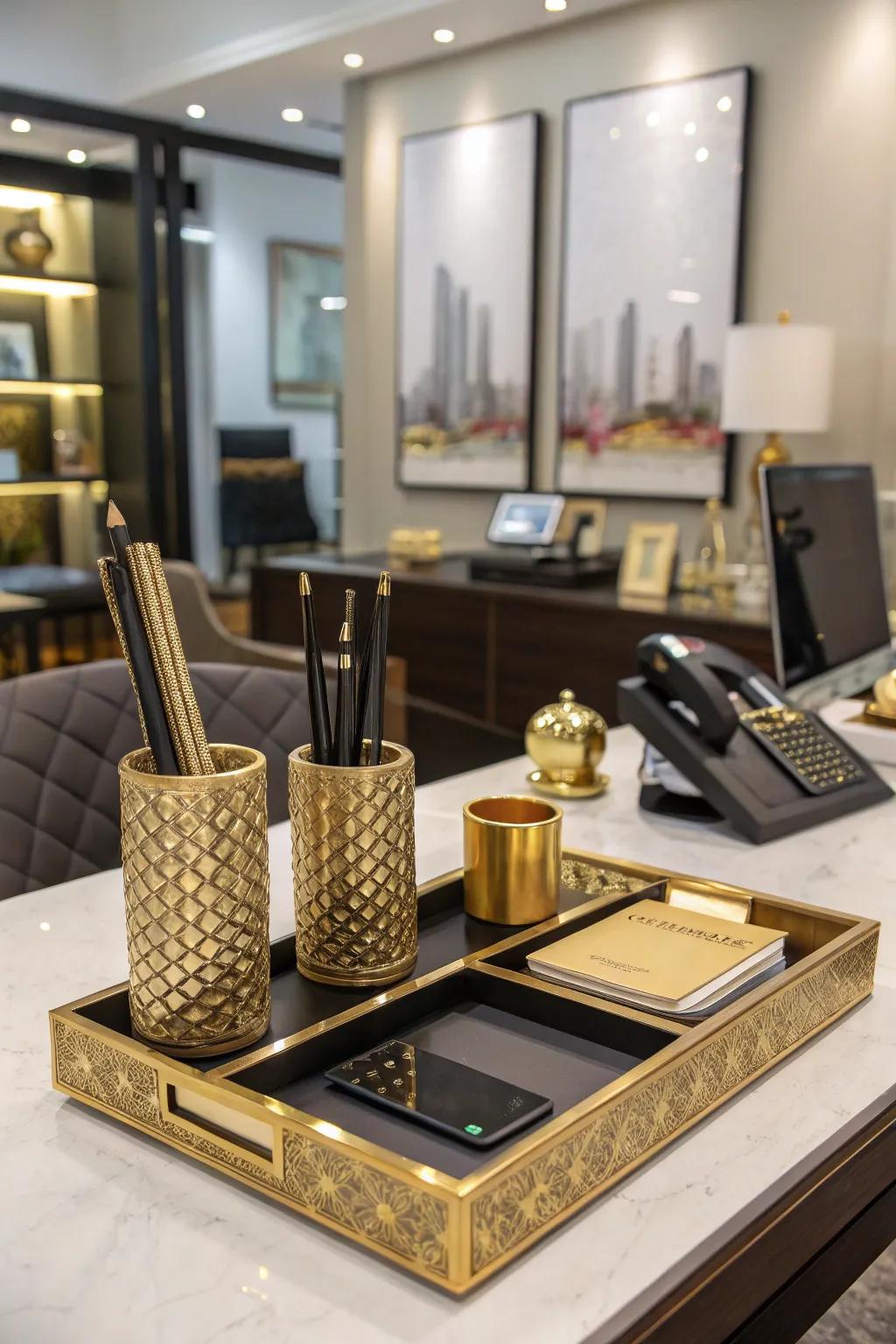 Metallic highlights introduce a touch of luxury and elegance to the workspace.