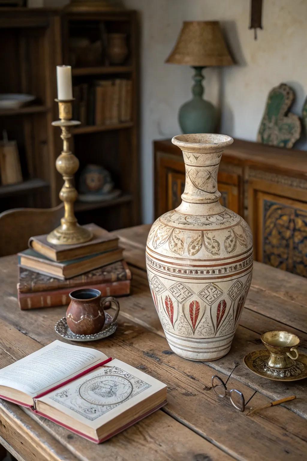 A distressed earthenware container contributing classic allure to a rustic setting.
