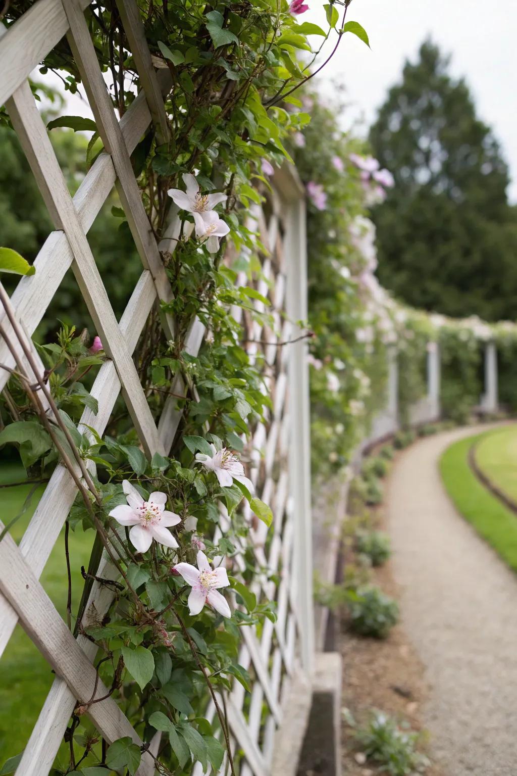 Clematis creates elaborate designs on a structured espalier trellis.