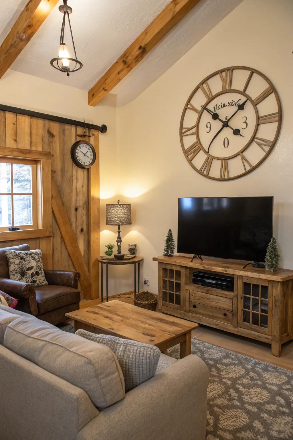 A rustic clock adds vintage charm above a modern TV setup.