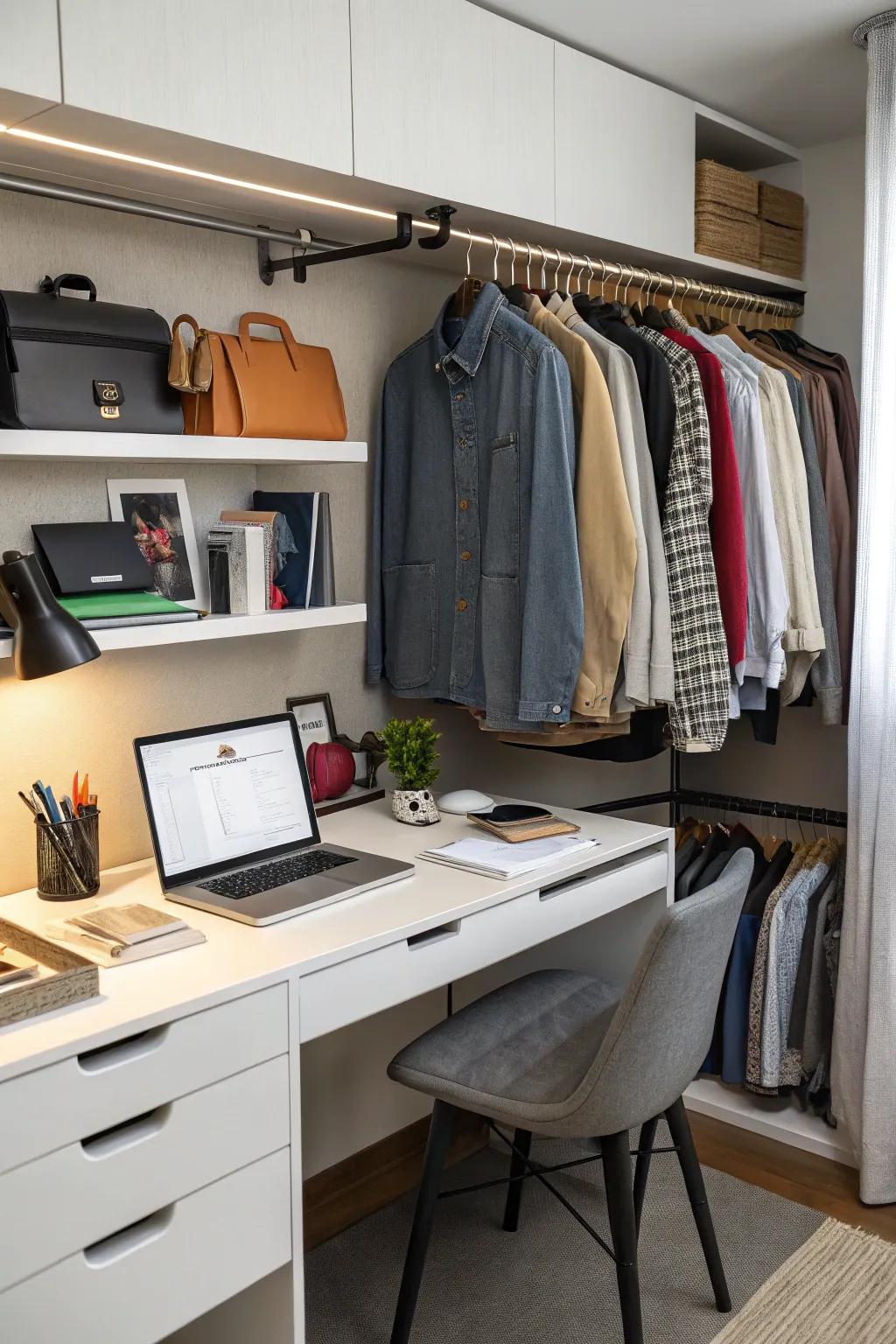 Mix storage and workspace for a cloffice that offers multiple benefits.