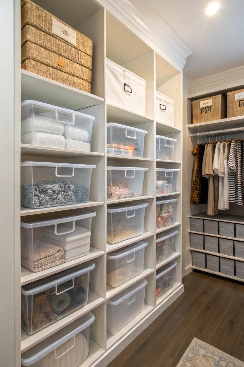 Keep your closet tidy by using transparent storage solutions.
