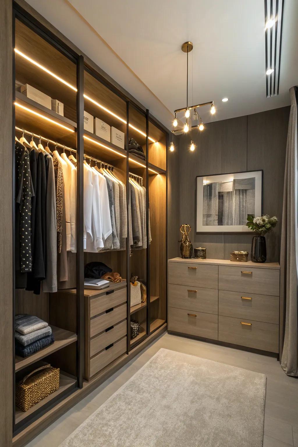 Effective lighting enhancing the practicality of your closet.