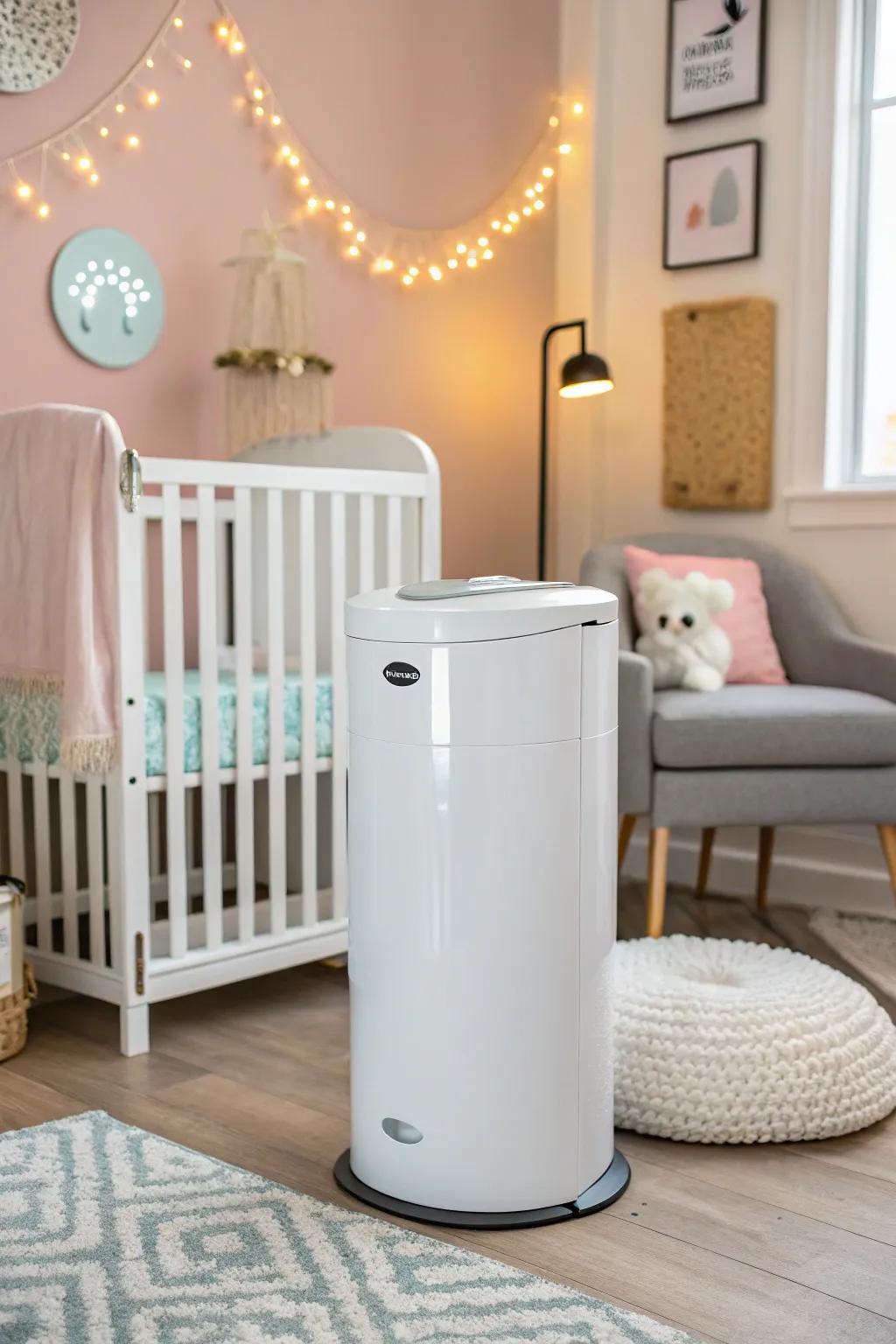 A modern diaper pail with a charcoal filter ensures effective odor control in a stylish setting.