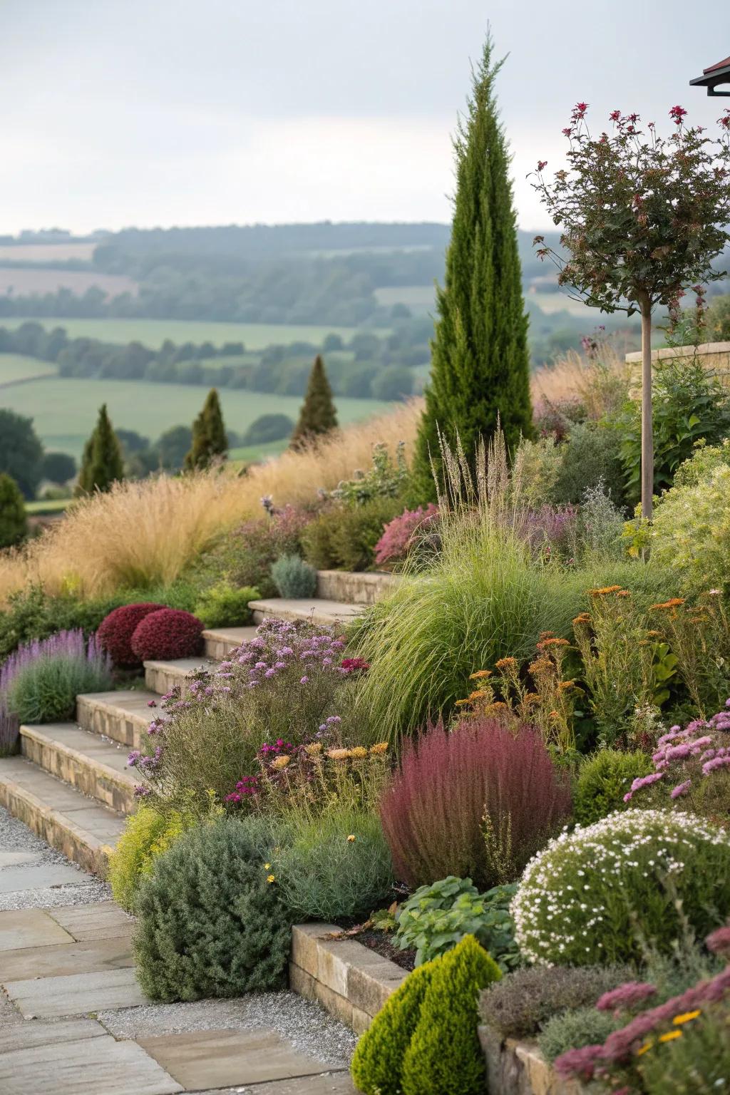 Staggered planting adds depth and vibrancy to a coastal garden.