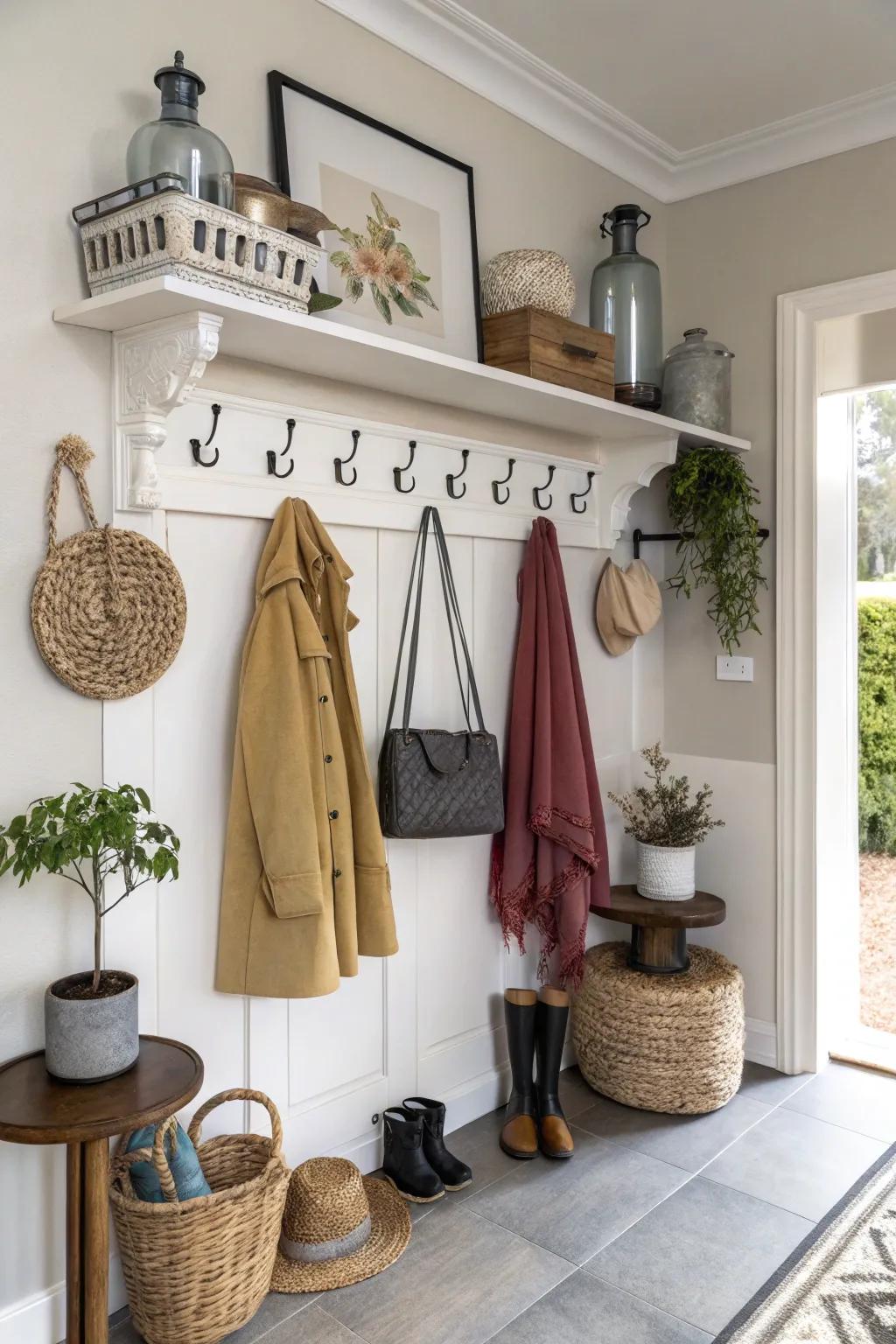 A suspended shelf with hangers delivers both storage and panache in this entryway.