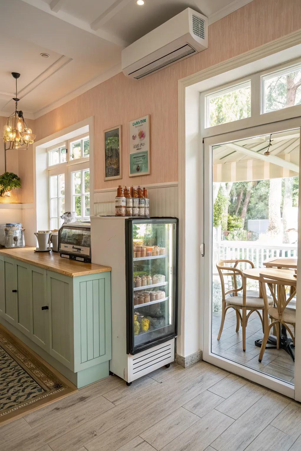 A welcoming and airy coffee bar with a small cooler.