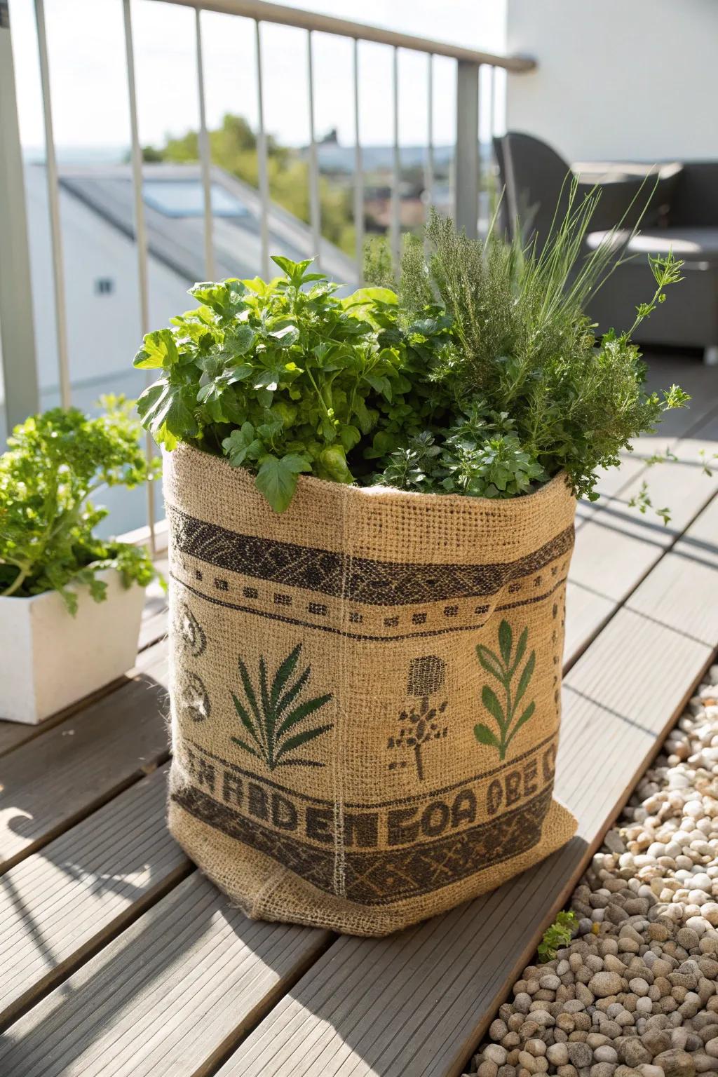 Transform coffee sacks into charming planters for a touch of rustic elegance.