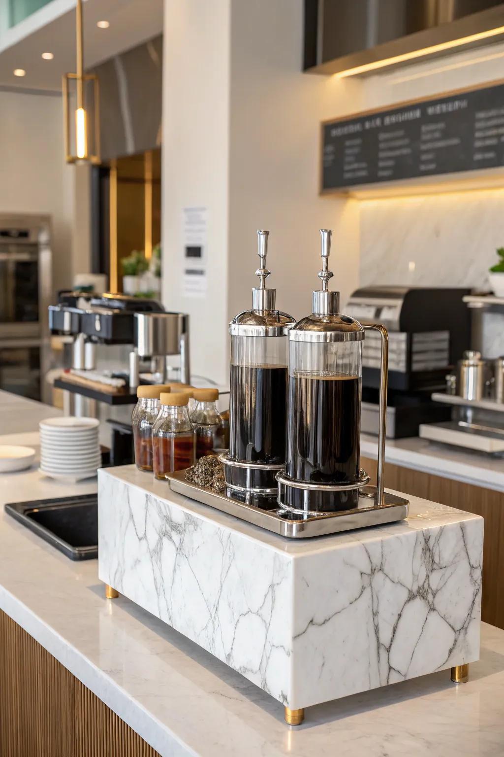 Stone base adds a luxurious touch to your syrup arrangement.