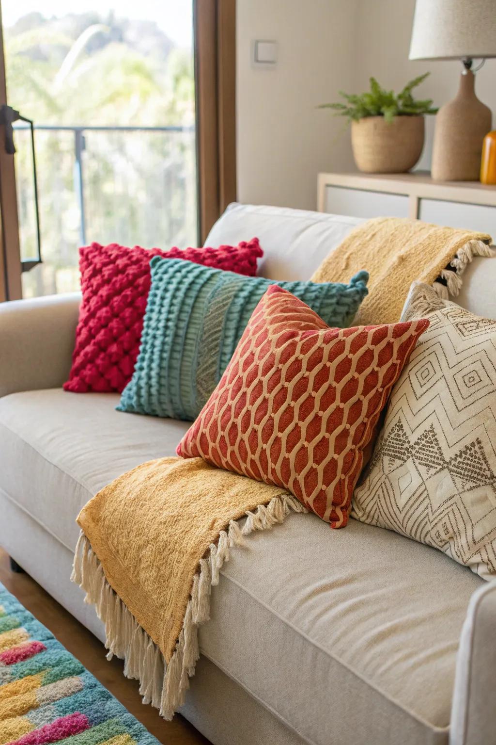A collection of colorful and textured decorative pillows on a modern couch.