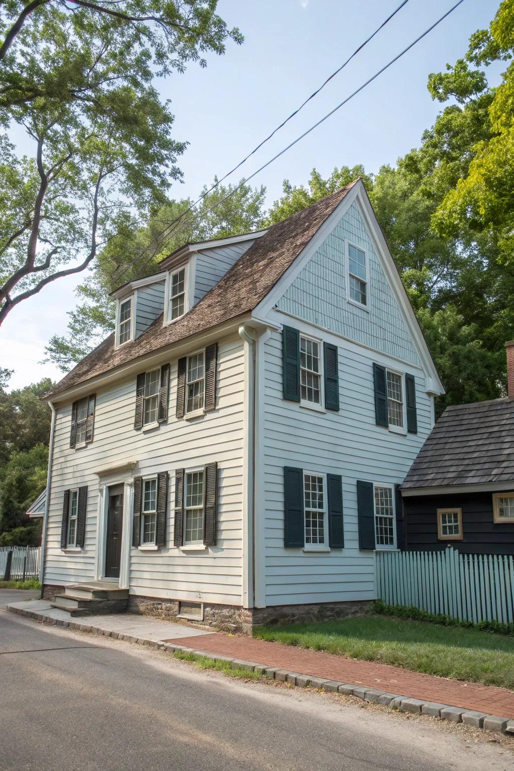 A colonial house showcasing a stylish two-tone frontage with siding and panels.