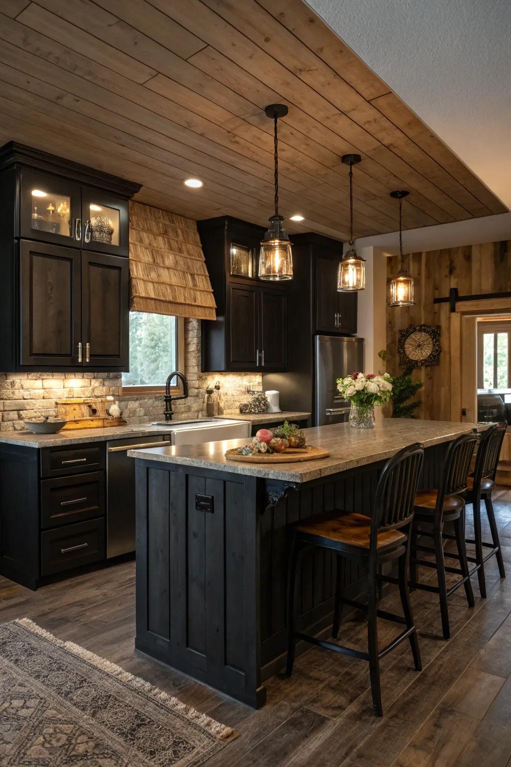 Dark cabinets paired with rustic wood textures provide a warm and welcoming kitchen space.