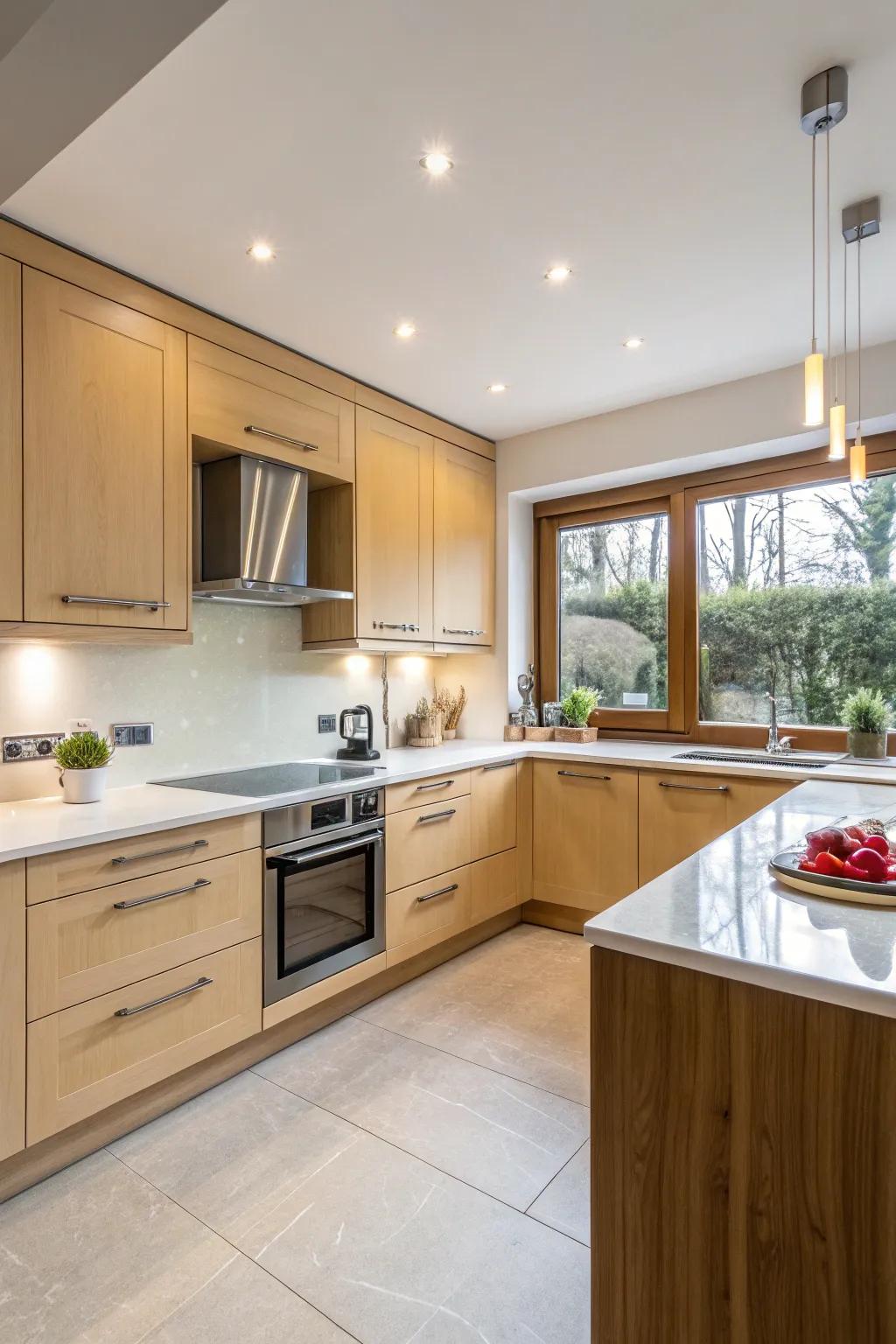 Radiant cabinets and subdued worktops create a striking contrast.