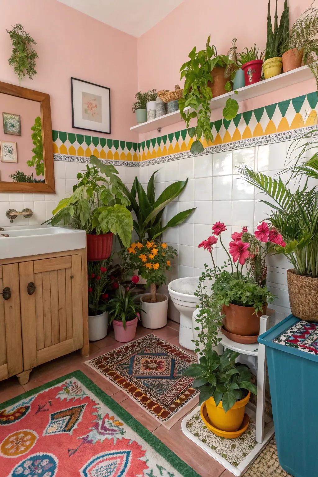 Vibrant plants add a touch of nature to this colorful guest bathroom.
