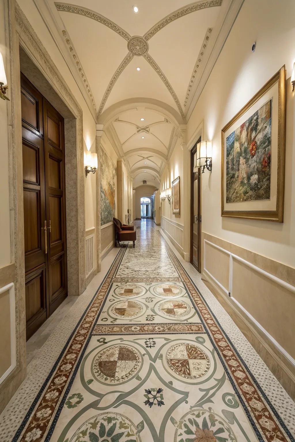 Decorative patterned concrete floors in an elegant hallway.