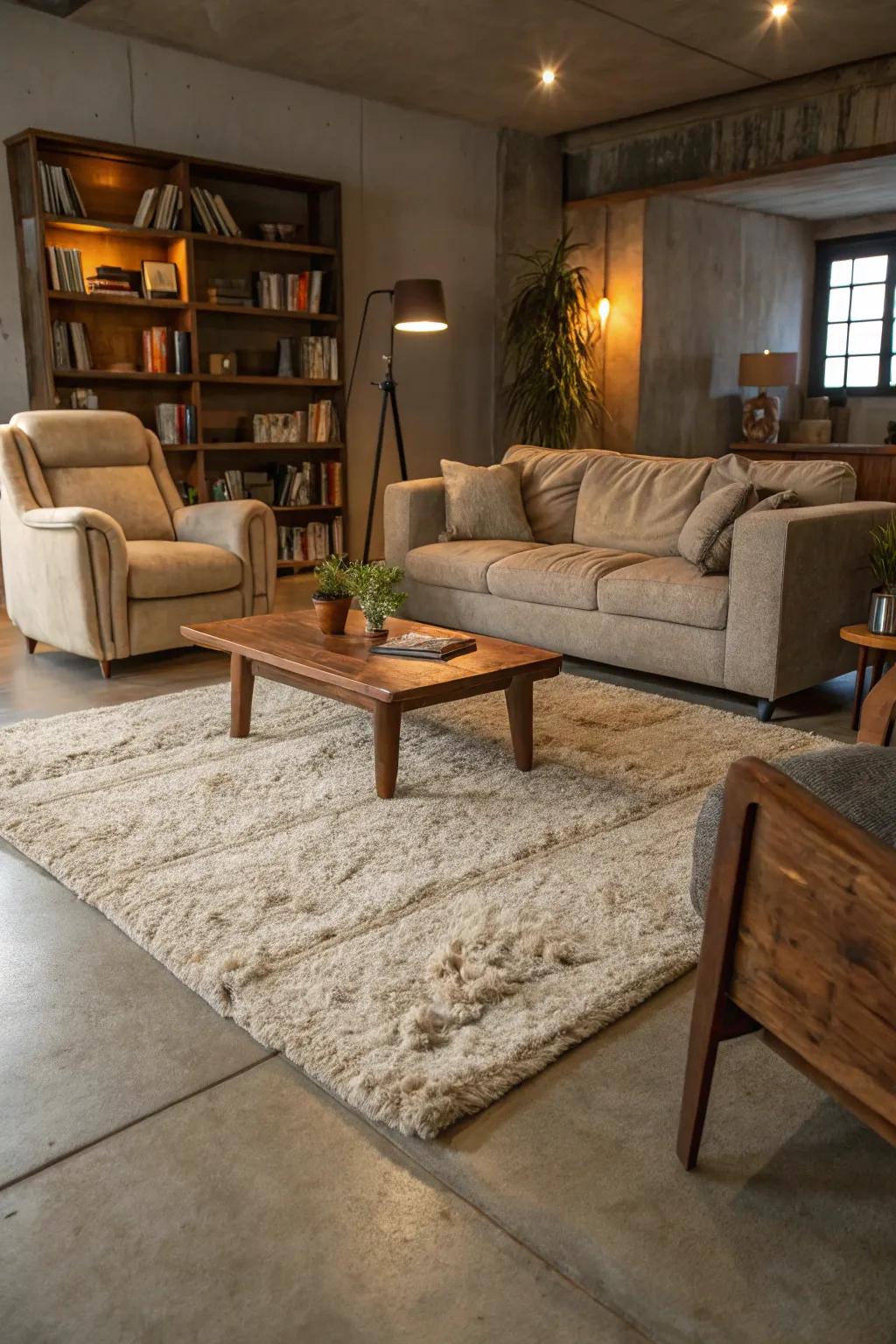Soft rugs add warmth and texture to sleek concrete floors.