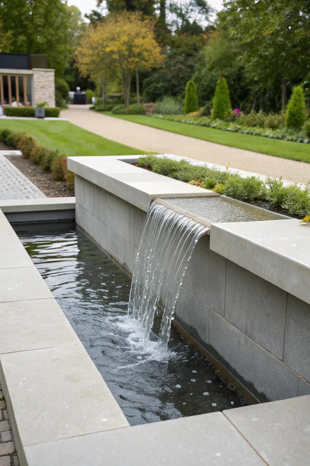 Concrete water displays create a calm atmosphere.