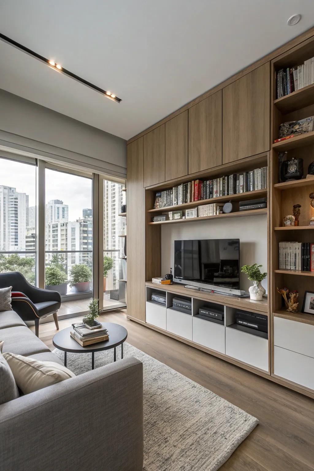 A multi-use condo living area that features integrated storage solutions.
