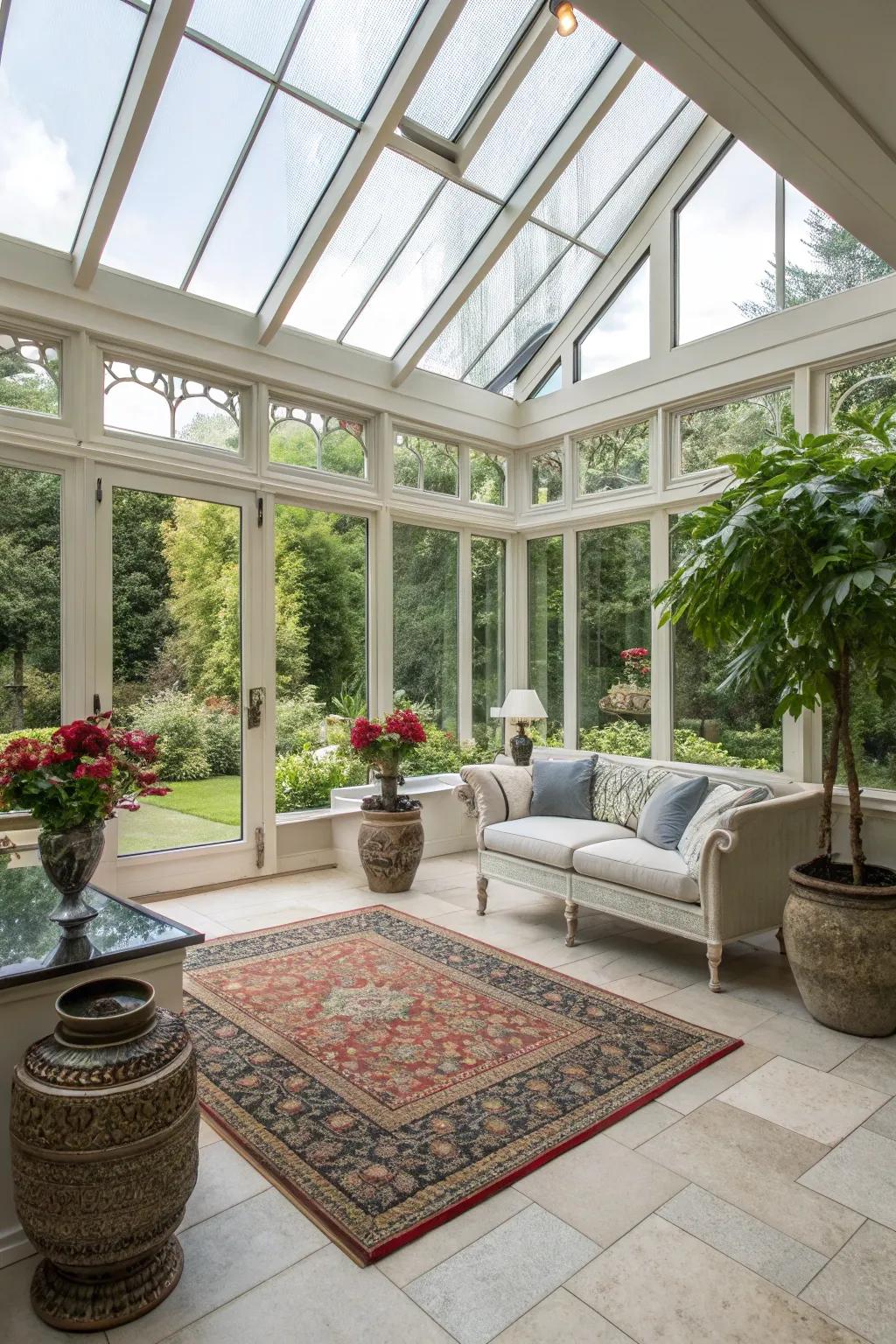 A conservatory displaying a balanced fusion of modern and traditional styles.