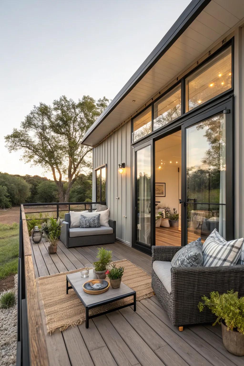 A container home featuring a cozy and functional outdoor living space.
