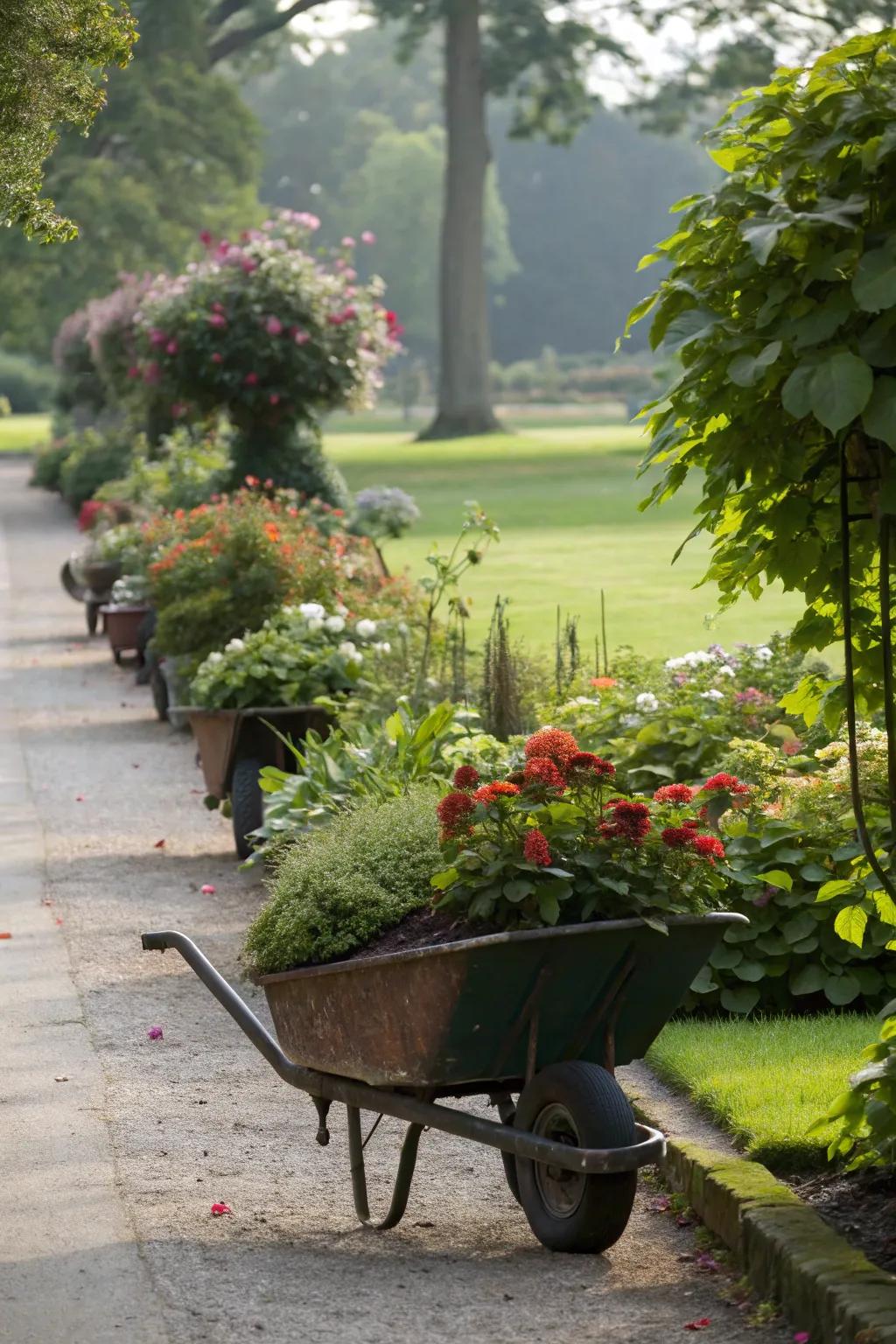 Mobile garden arrangement using wheeled planters.