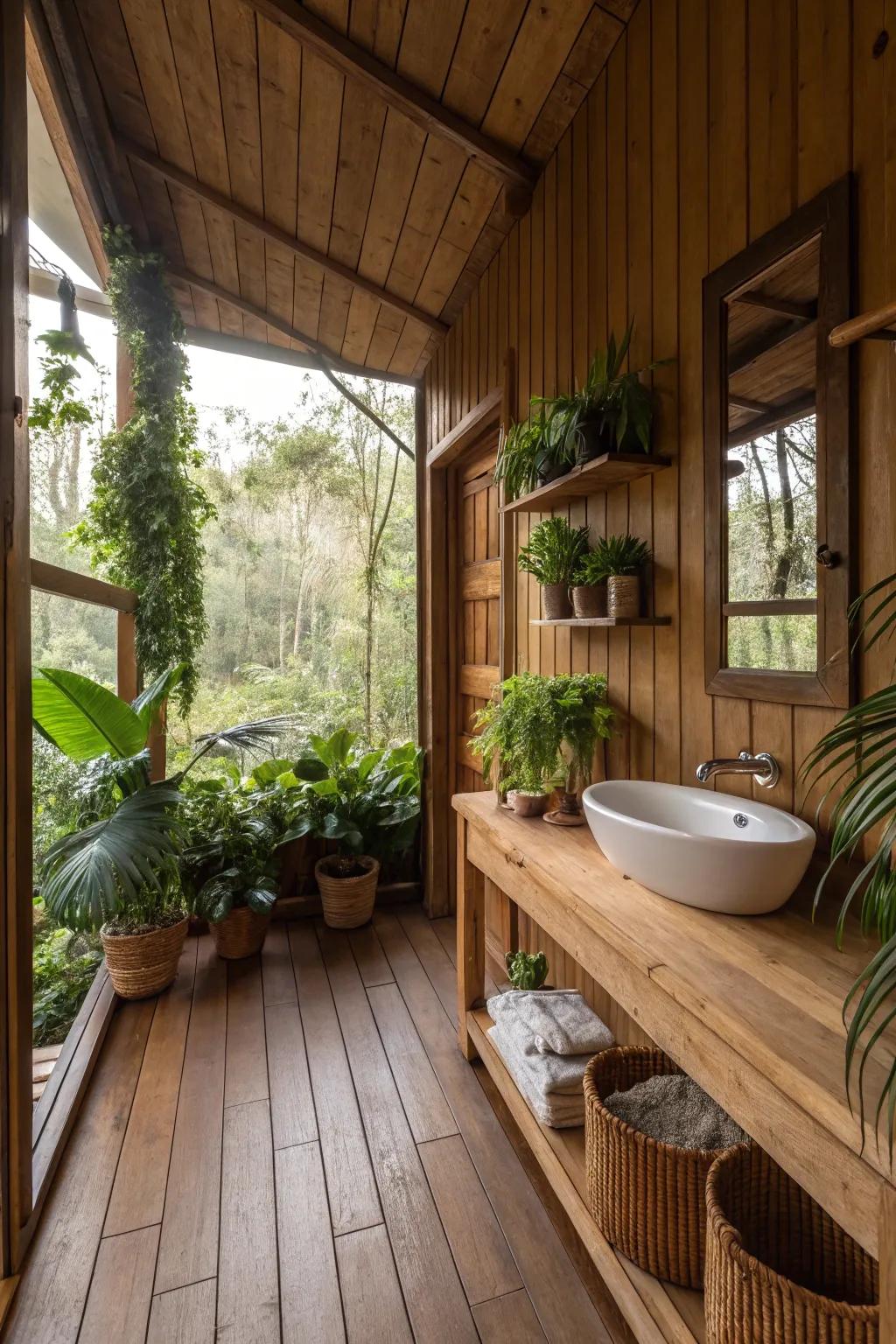 Bathroom featuring natural features like greenery and wood.