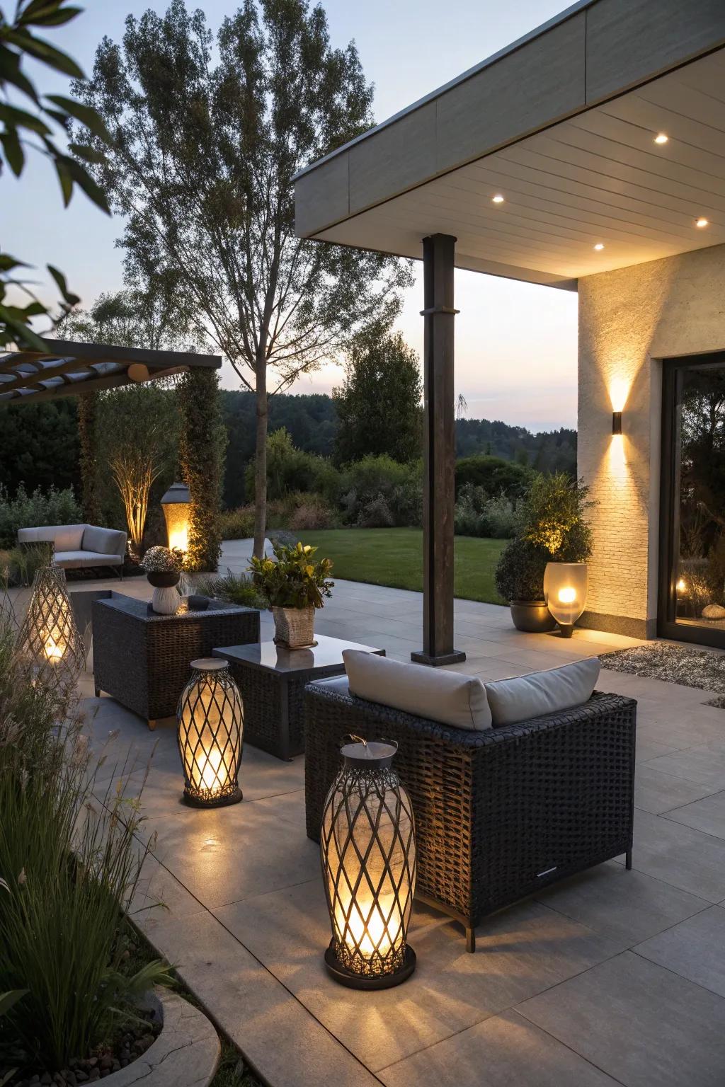 Creative lighting gives off a welcoming, warm patio vibe.