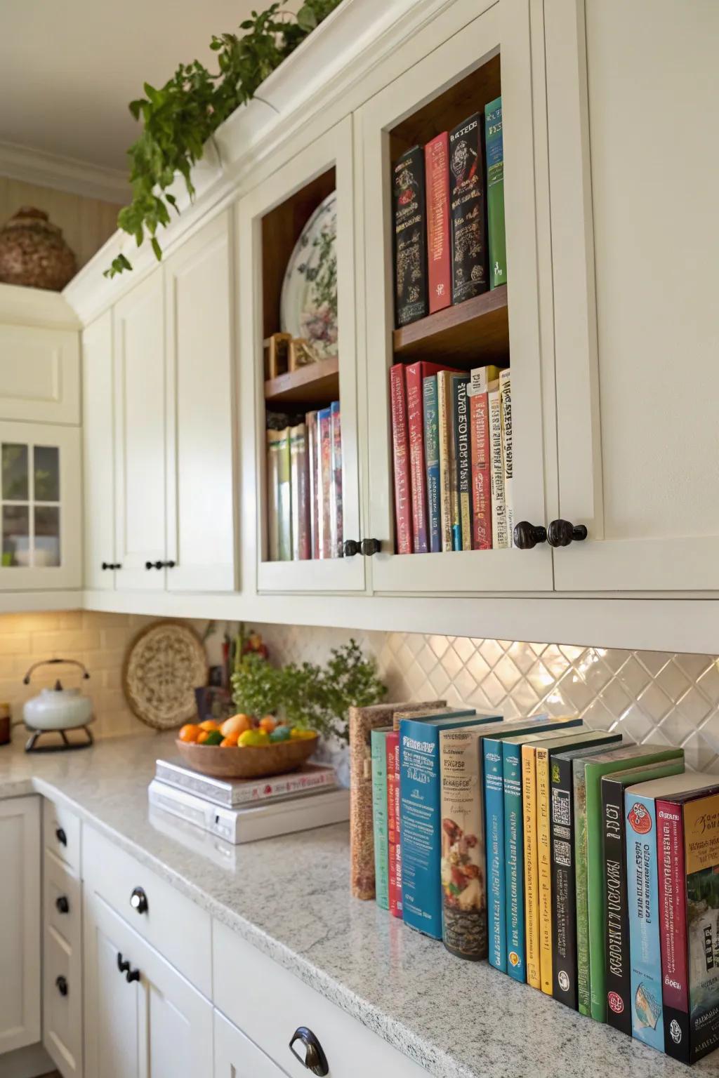 Above-cabinet storage keeps cookbooks accessible yet out of the way.