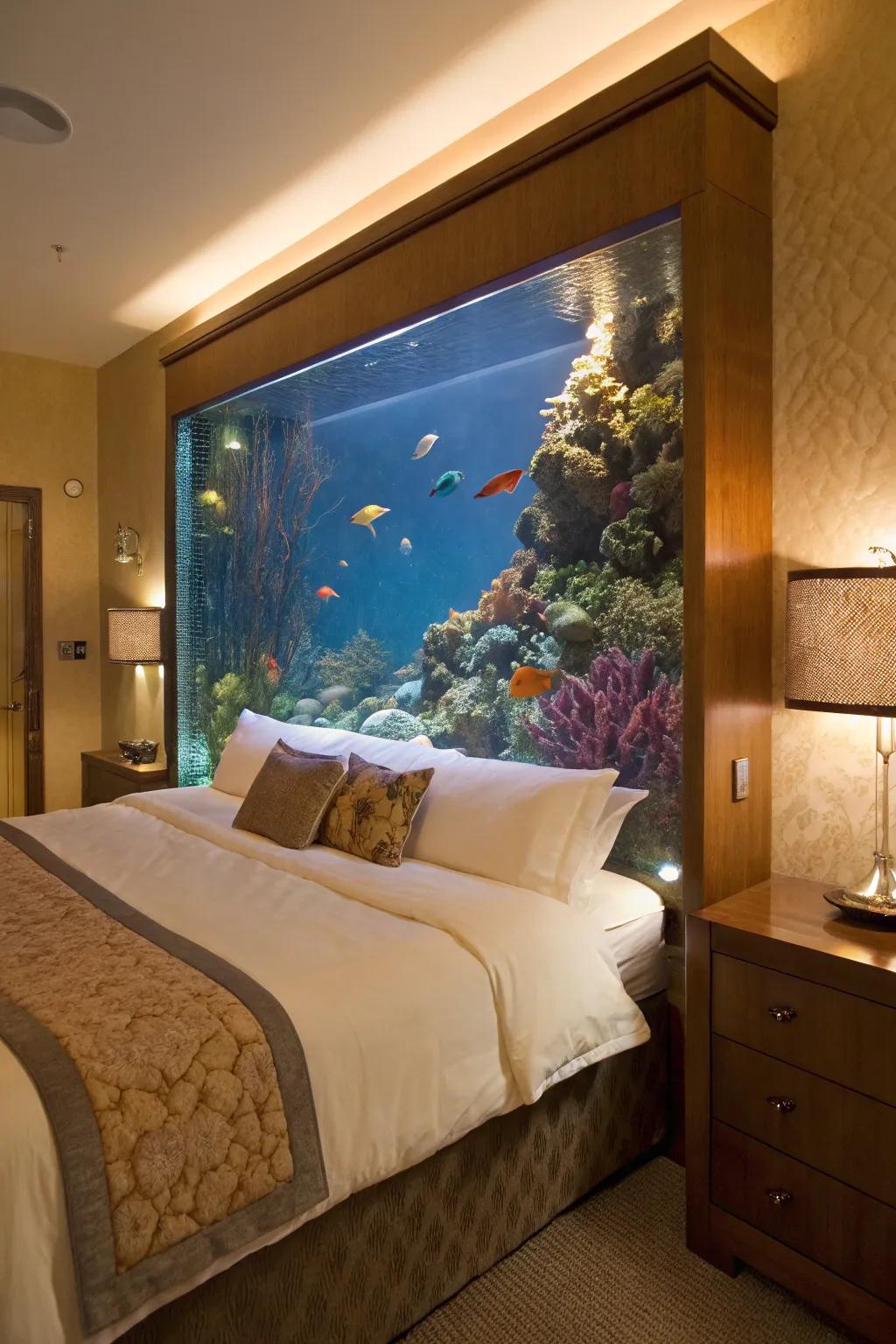 An aquarium headboard provides a tranquil and unique bedroom highlight.