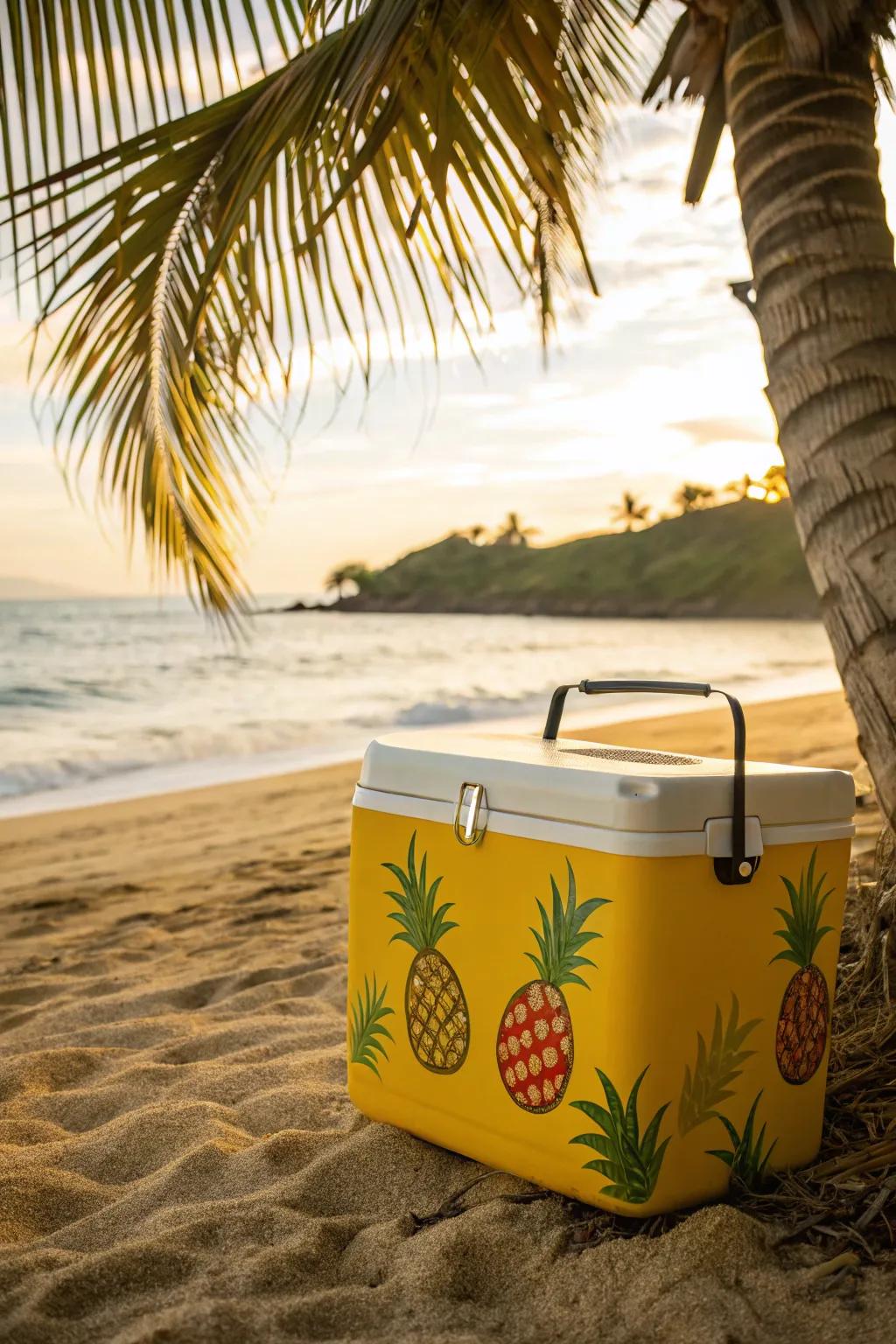 A tropical-themed cooler featuring pineapple decals.