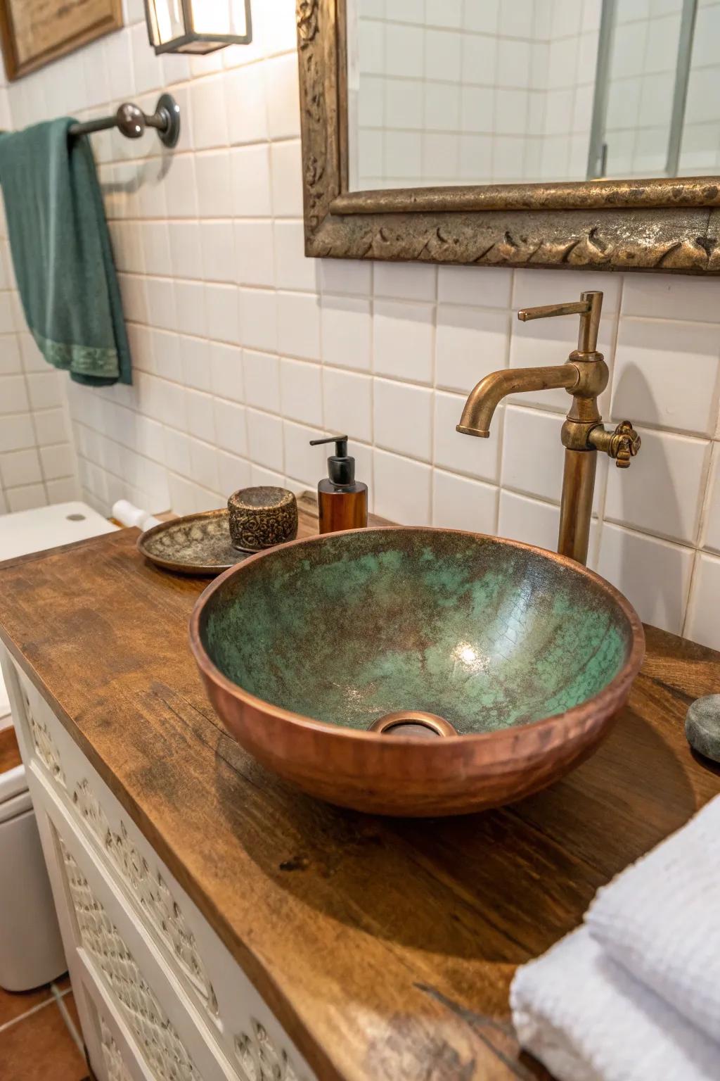 This bronze basin showcases the beauty of its natural look, adding dimension to the bathroom's design.