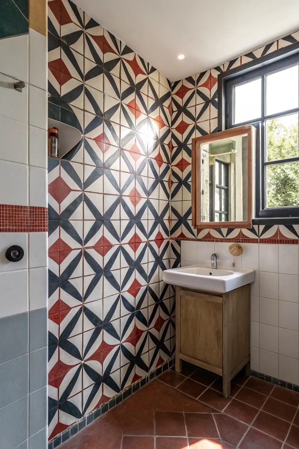 Bathroom corners are given personality by creative tile patterns.